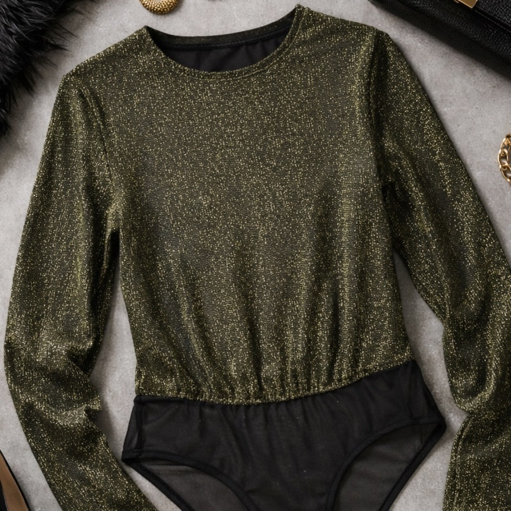 Vintage 80s Victoria’s Secret Gold Metallic Bodysuit Long Sleeve Disco Leotard